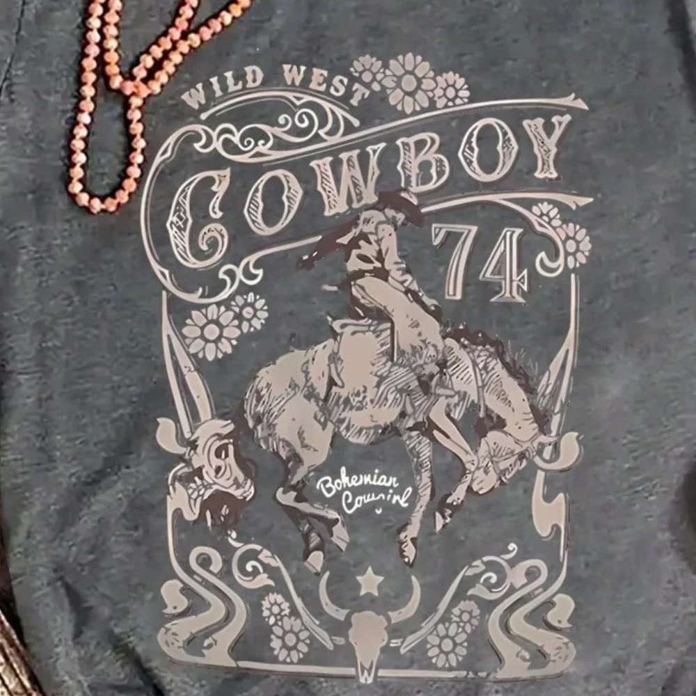 WOMENS WILD WEST COWBOY TEE SHIRT - Picture 3 of 4